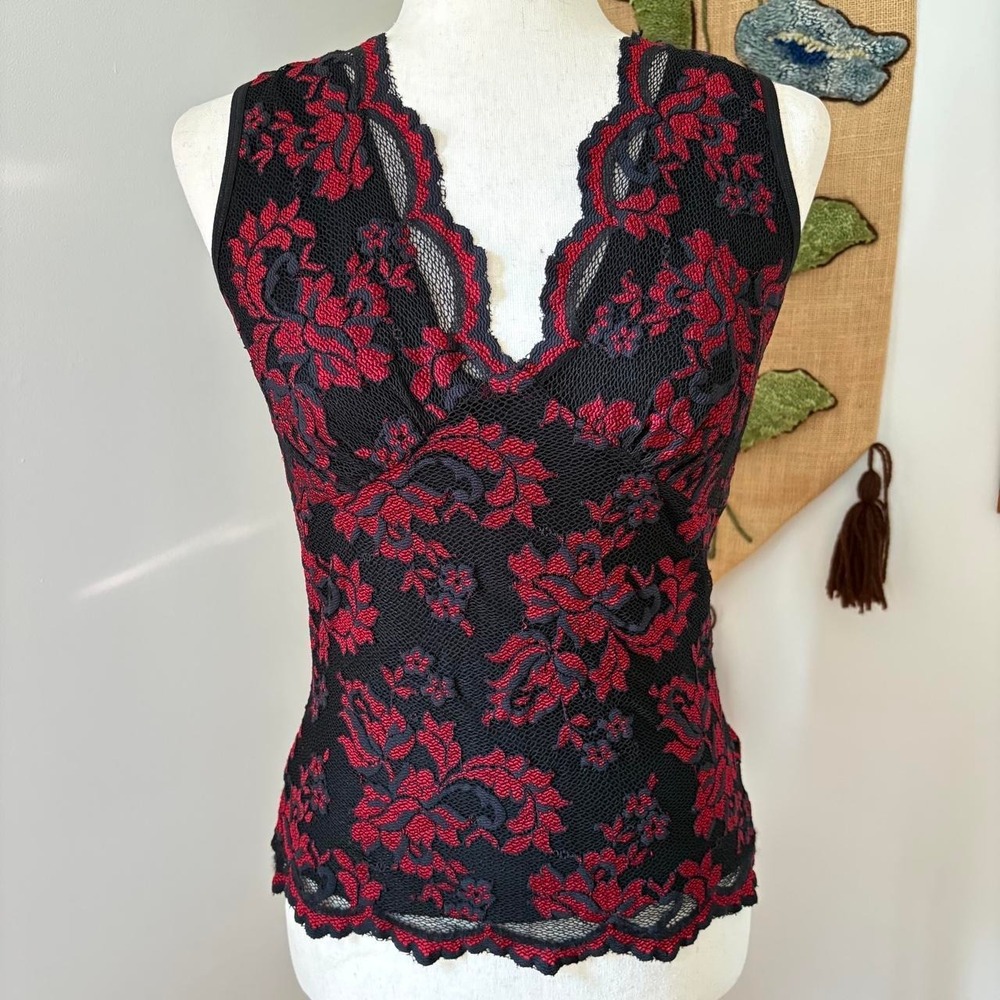 Karen Kane Red Black Floral Lace Blouse Whimsigoth V-Neck Tank Top Small